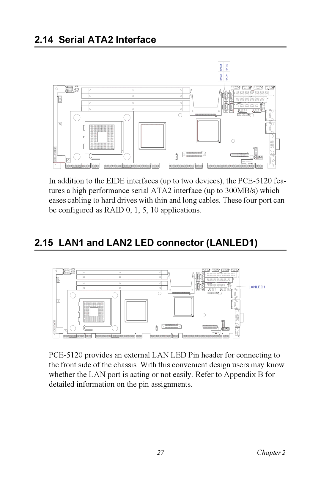 Advantech PCE-5120 user manual Serial ATA2 Interface, 15 LAN1 and LAN2 LED connector LANLED1 