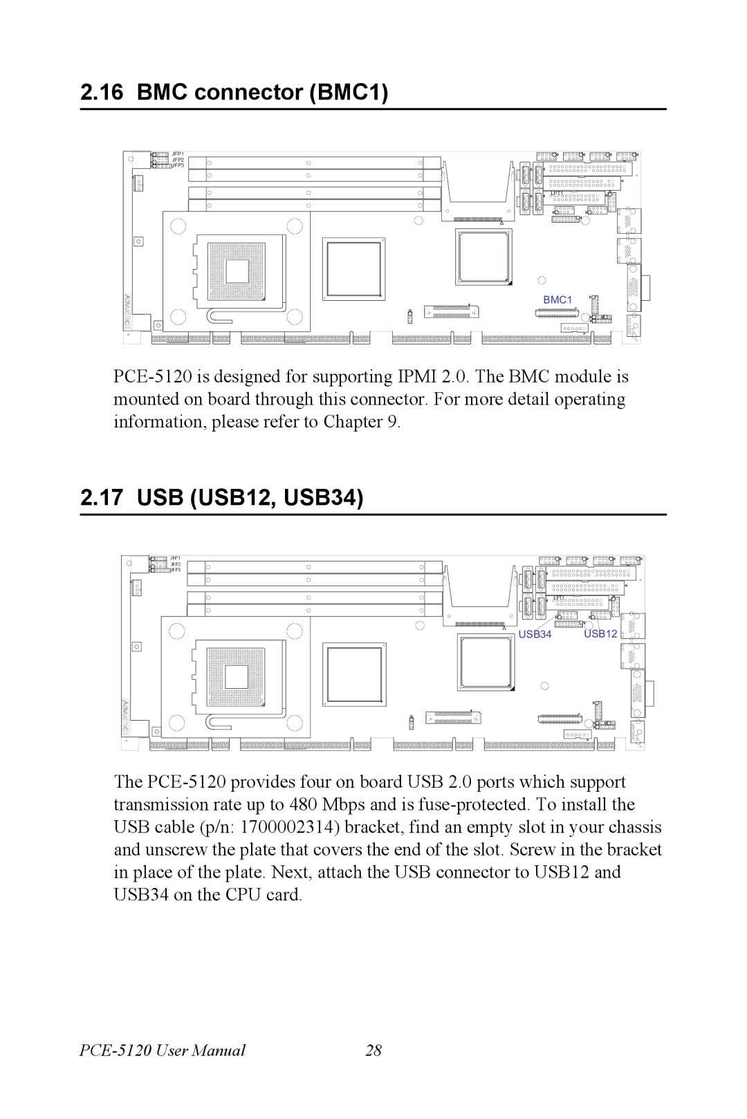 Advantech PCE-5120 user manual BMC connector BMC1, USB USB12, USB34 