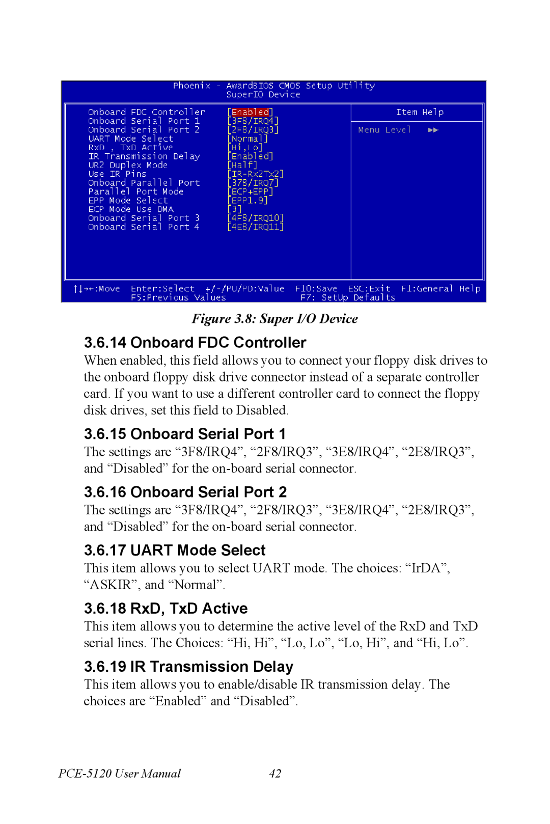 Advantech PCE-5120 user manual Onboard FDC Controller, Onboard Serial Port, Uart Mode Select, 18 RxD, TxD Active 