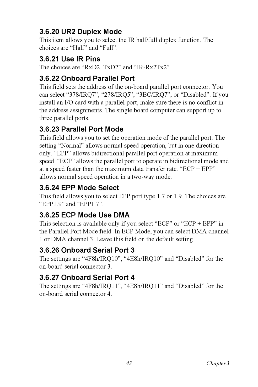 Advantech PCE-5120 user manual 20 UR2 Duplex Mode, Use IR Pins, Onboard Parallel Port, Parallel Port Mode, EPP Mode Select 