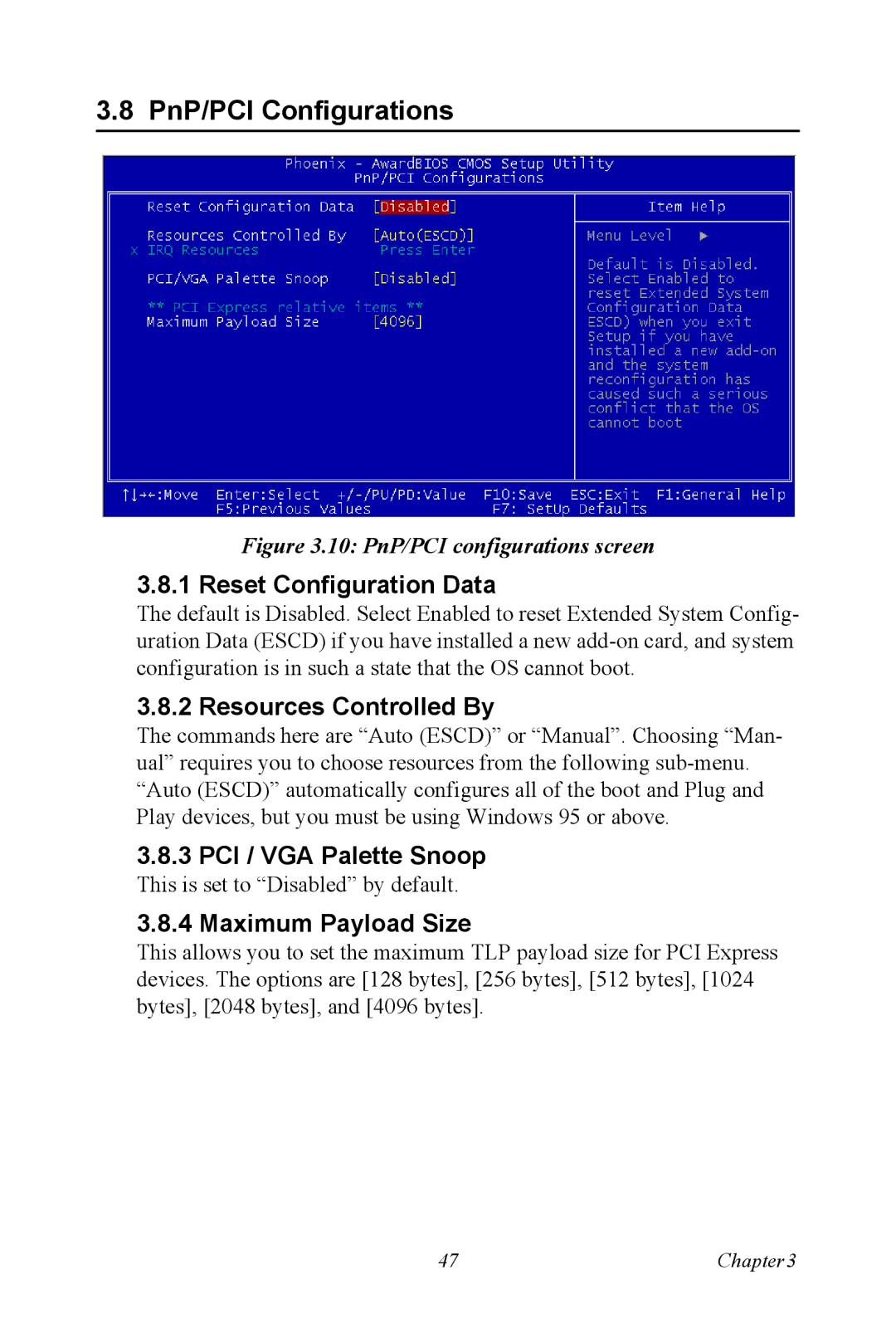 Advantech PCE-5120 PnP/PCI Configurations, Reset Configuration Data, Resources Controlled By, PCI / VGA Palette Snoop 