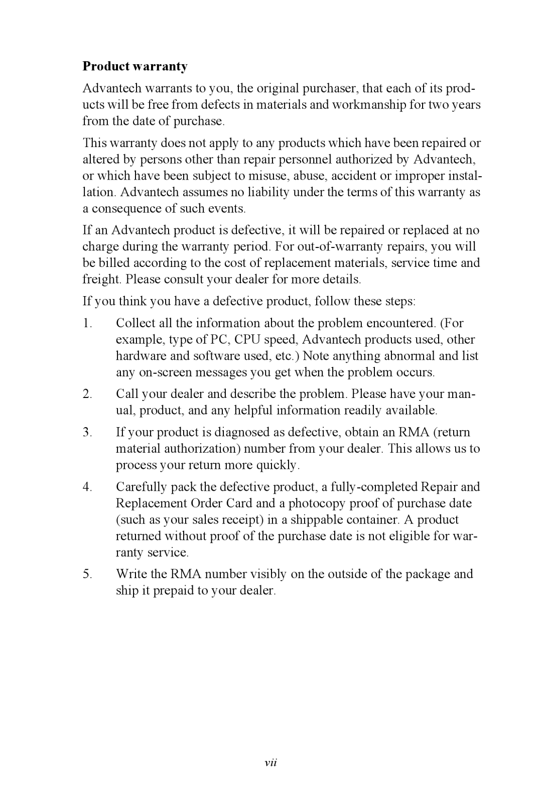 Advantech PCE-5120 user manual Product warranty 