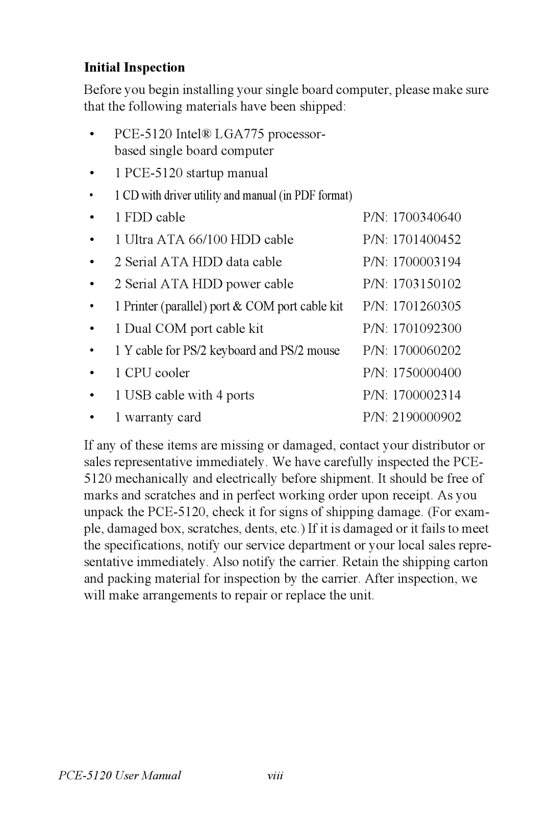 Advantech PCE-5120 user manual Initial Inspection 