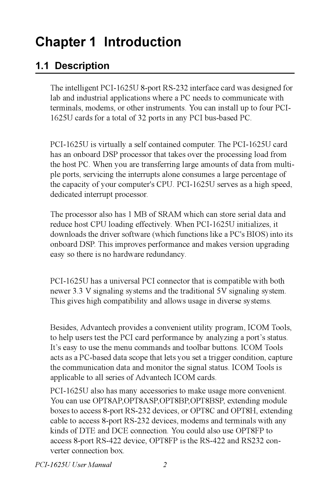 Advantech PCI-1625U user manual Description 