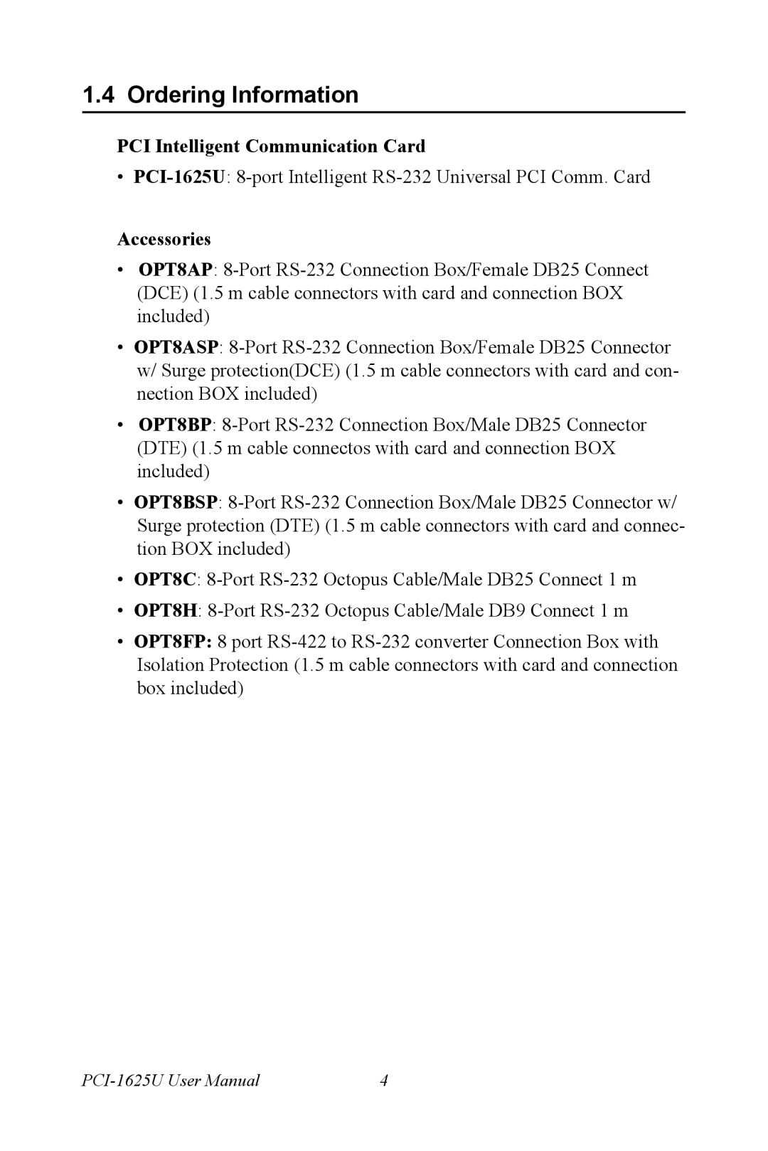 Advantech PCI-1625U user manual Ordering Information, PCI Intelligent Communication Card, Accessories 