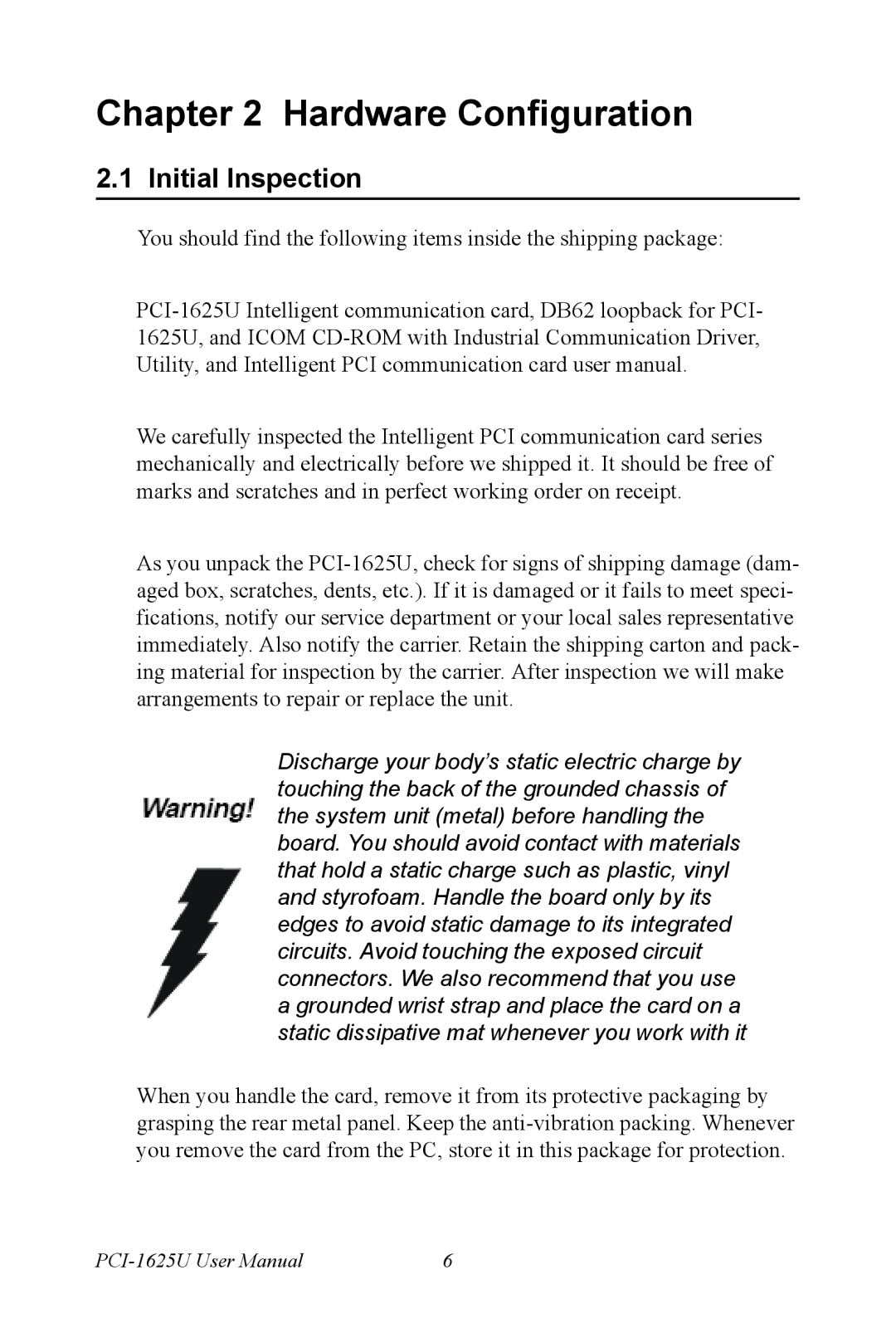 Advantech PCI-1625U user manual Initial Inspection 