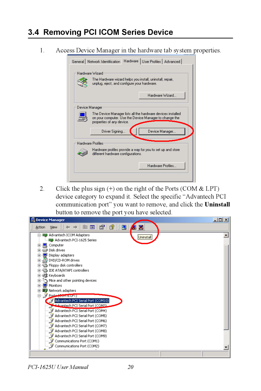 Advantech PCI-1625U user manual Removing PCI Icom Series Device 