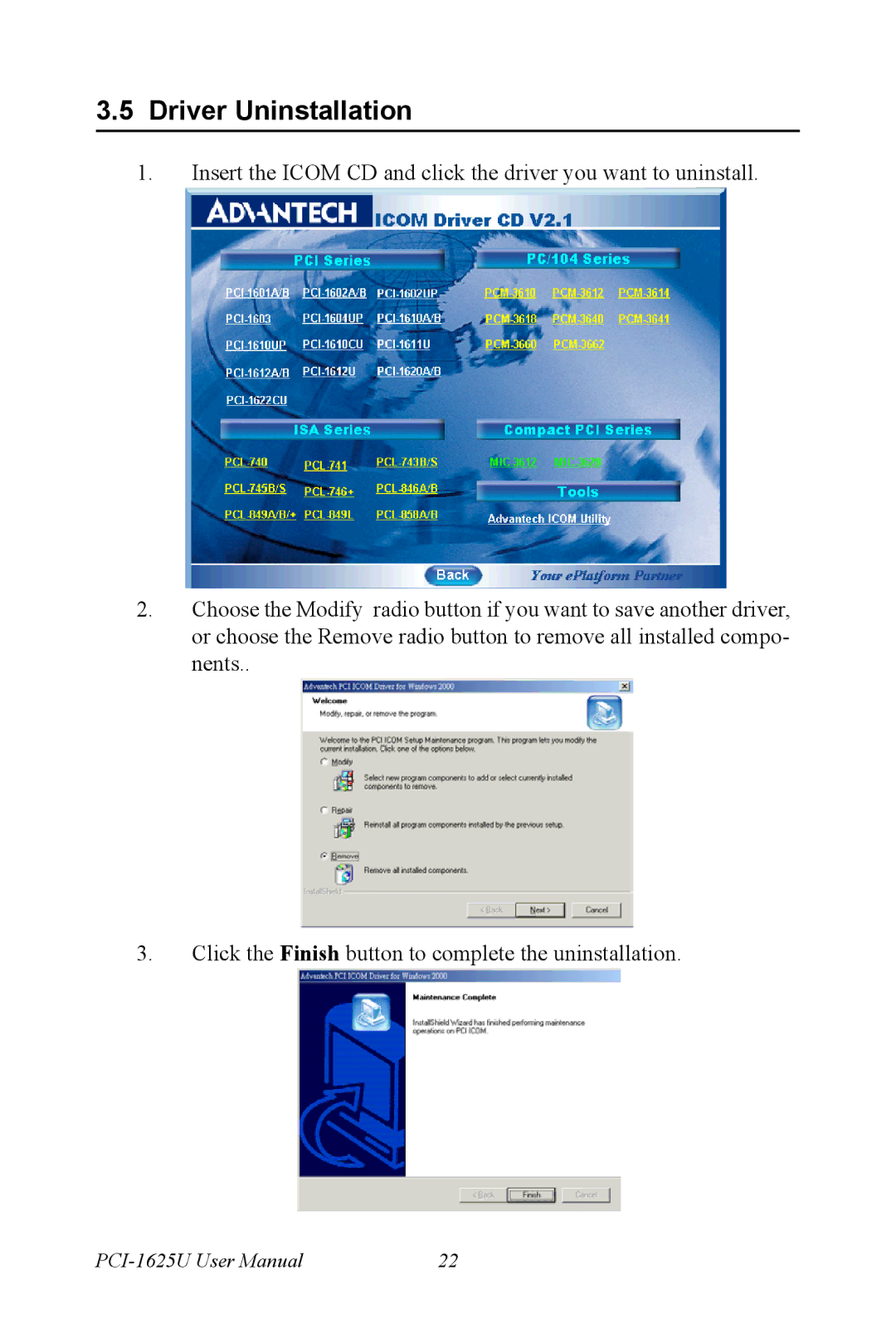 Advantech PCI-1625U user manual Driver Uninstallation 