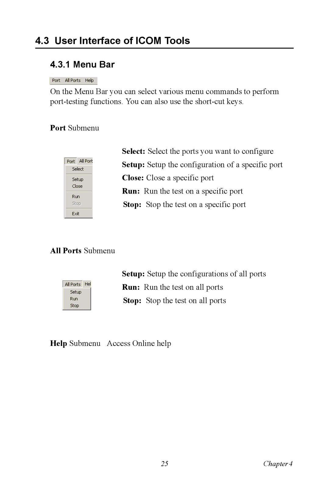 Advantech PCI-1625U user manual User Interface of Icom Tools, Menu Bar, All Ports Submenu 