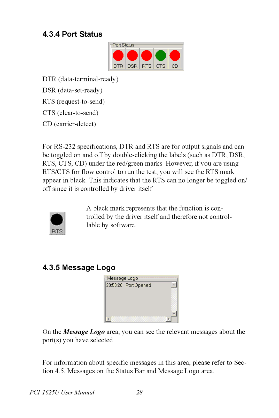 Advantech PCI-1625U user manual Port Status, Message Logo 