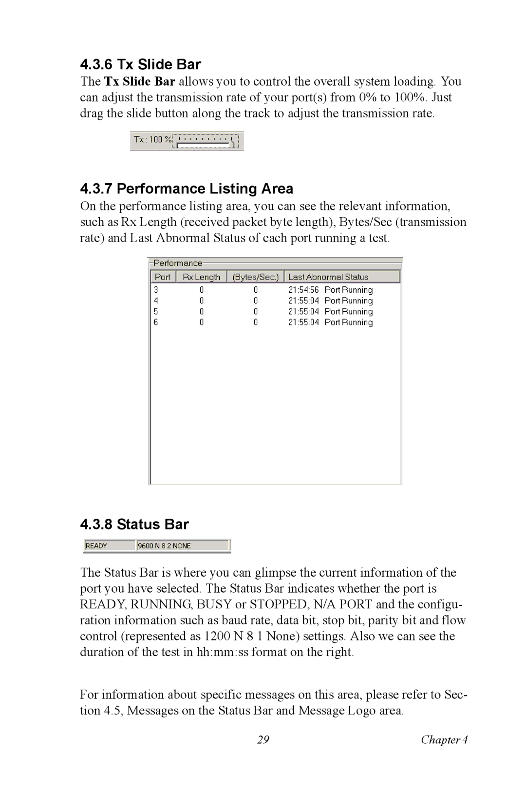 Advantech PCI-1625U user manual Tx Slide Bar, Performance Listing Area, Status Bar 