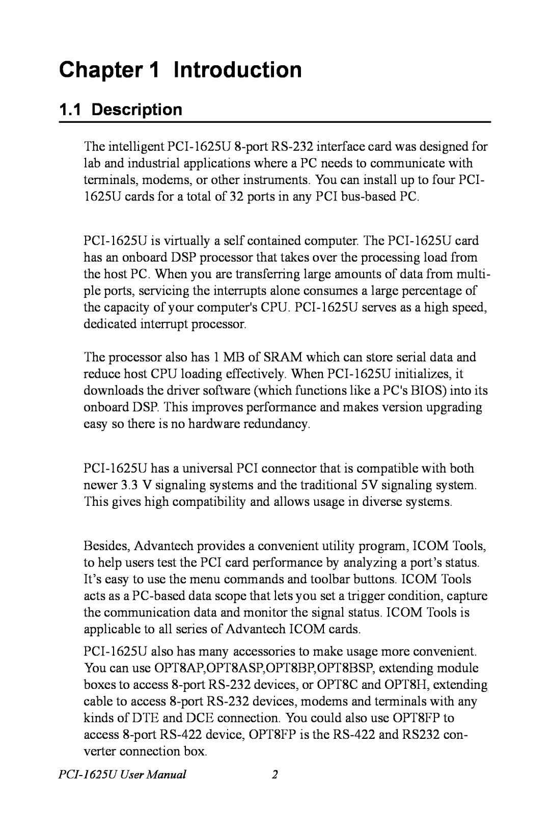 Advantech PCI-1625U user manual Introduction, Description 