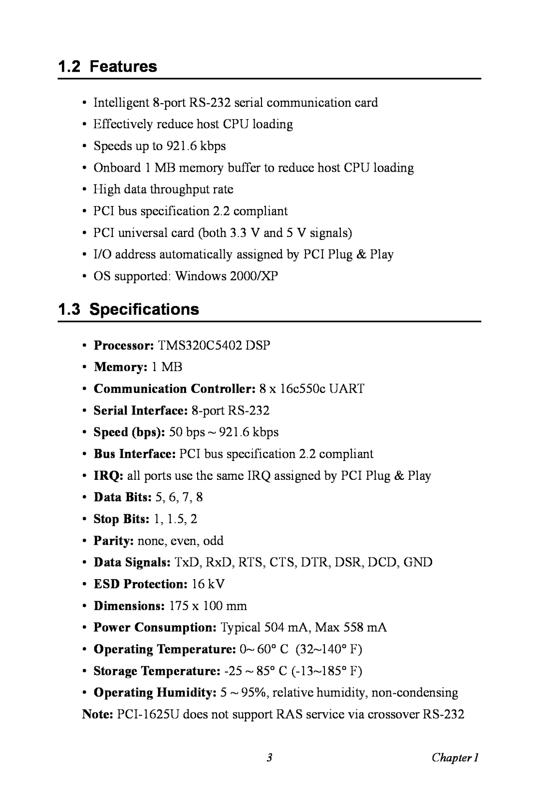 Advantech PCI-1625U user manual Features, Specifications, Memory 1 MB Communication Controller 8 x 16c550c UART 