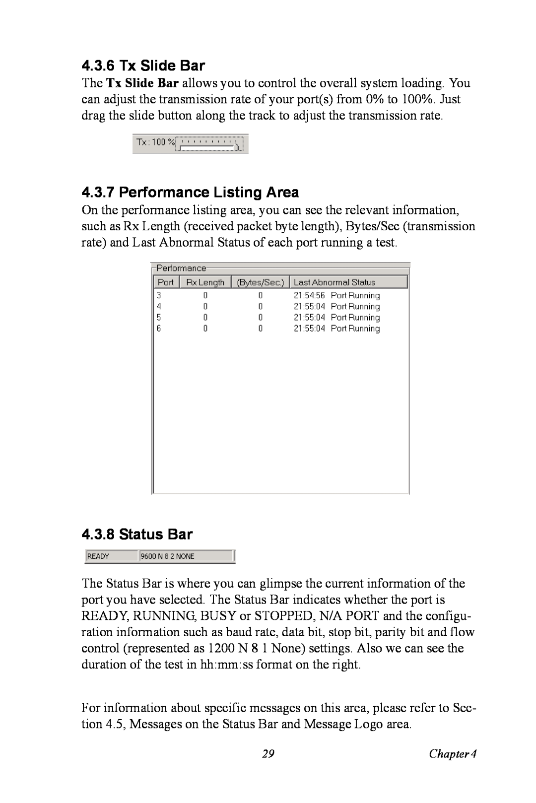 Advantech PCI-1625U user manual Tx Slide Bar, Performance Listing Area, Status Bar 