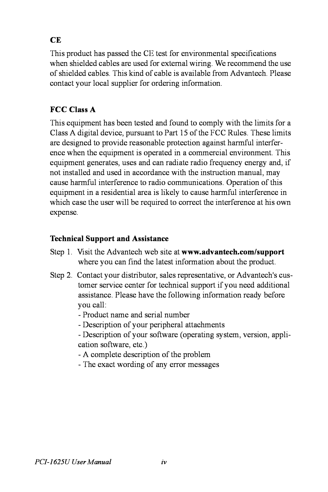 Advantech PCI-1625U user manual FCC Class A, Technical Support and Assistance 