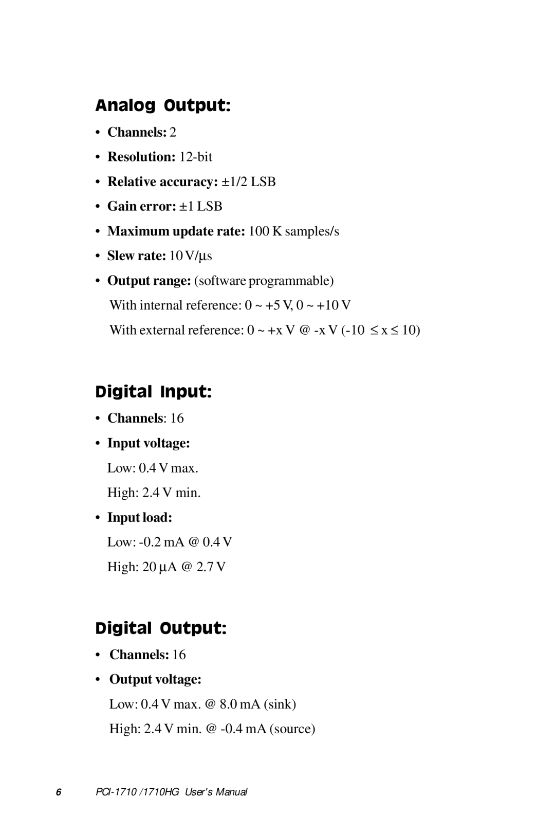 Advantech PCI-1710 user manual Analog Output, Digital Input, Digital Output 