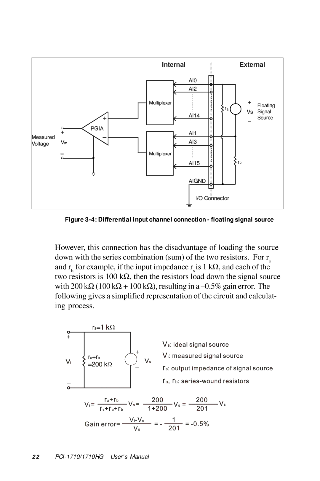 Advantech PCI-1710 user manual Differential input channel connection floating signal source 