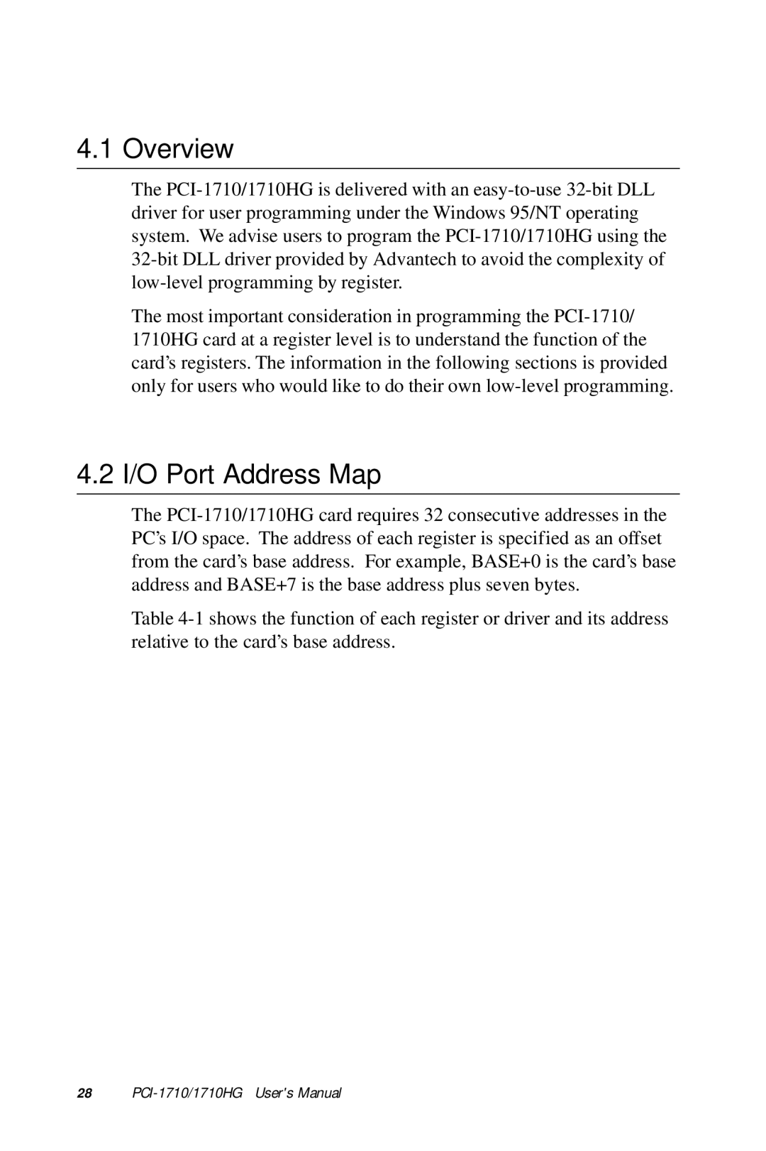 Advantech PCI-1710 user manual Overview, I/O Port Address Map 