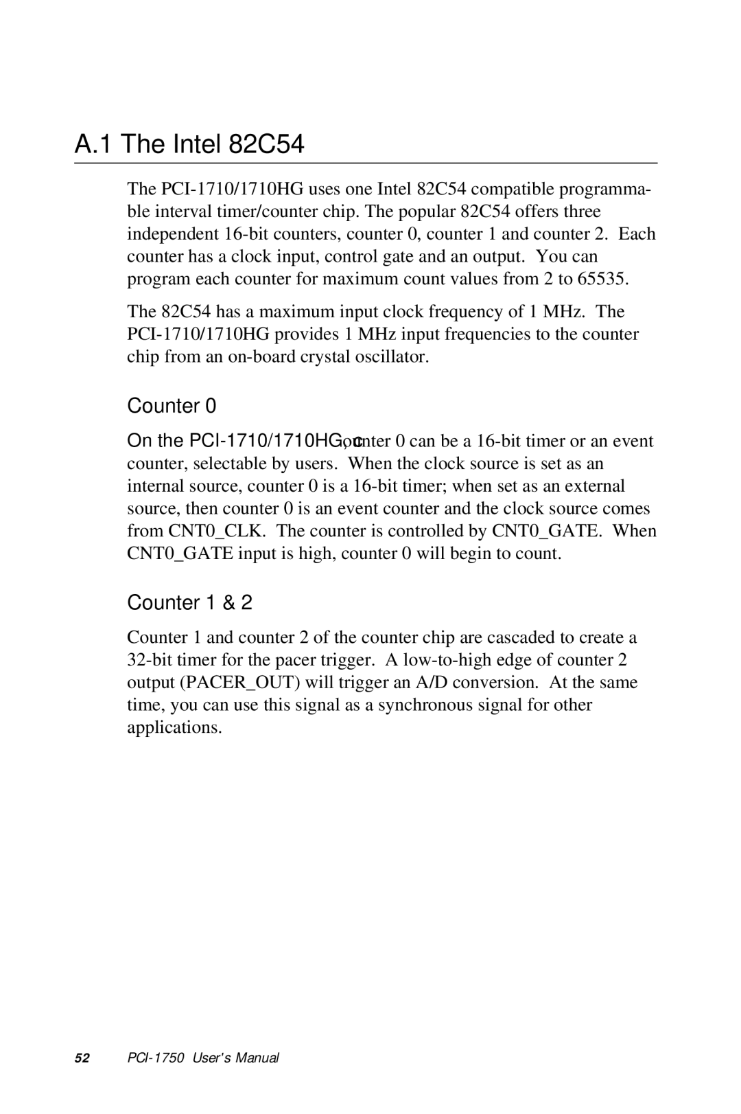 Advantech PCI-1710 user manual Intel 82C54, Counter 1 