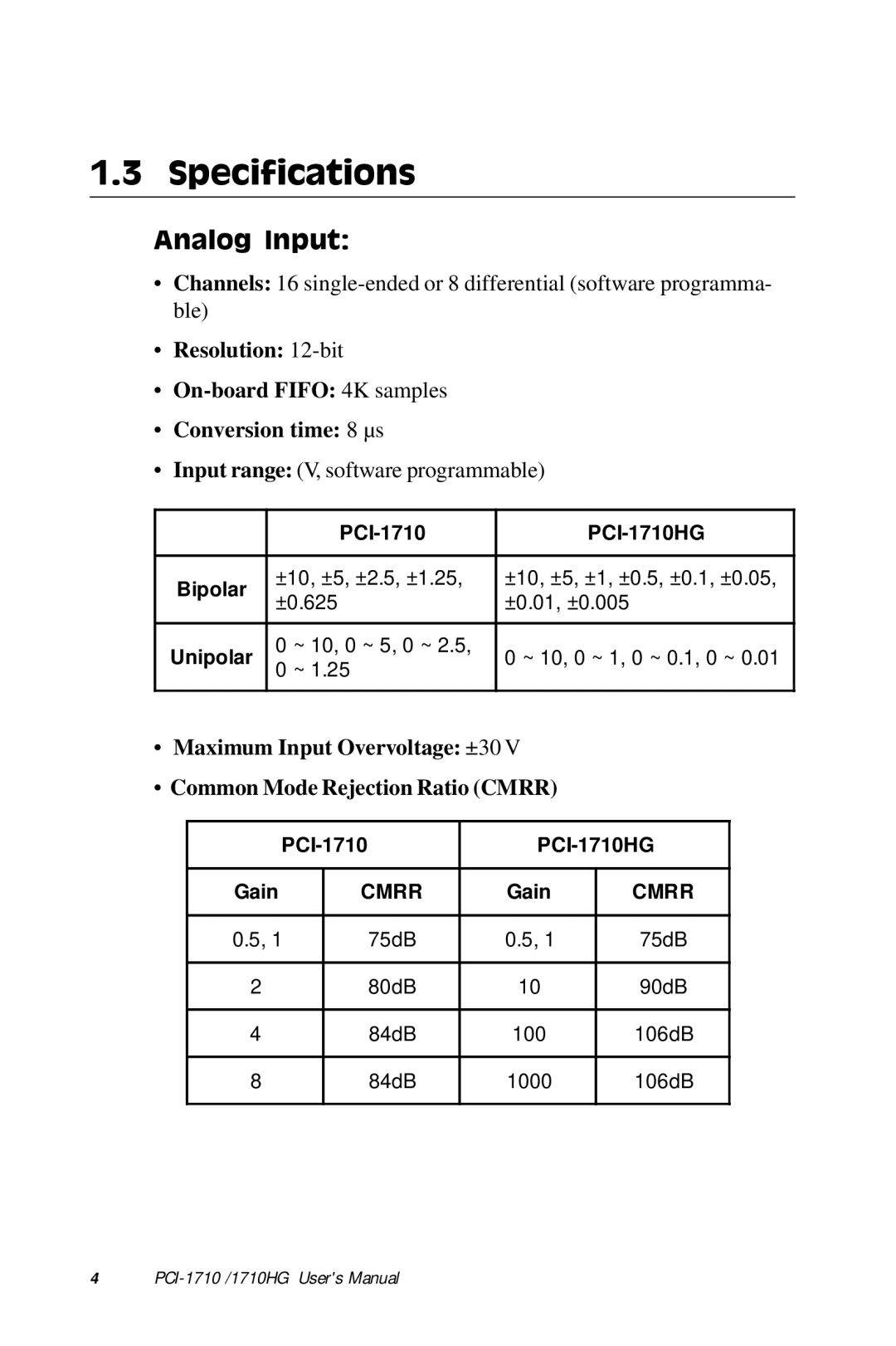 Advantech PCI-1710 user manual Specifications, Analog Input 