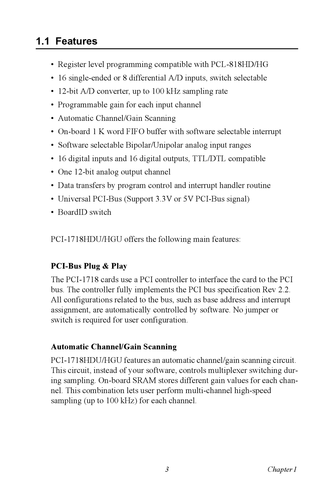 Advantech PCI-1718 Series user manual Features, PCI-Bus Plug & Play, Automatic Channel/Gain Scanning 