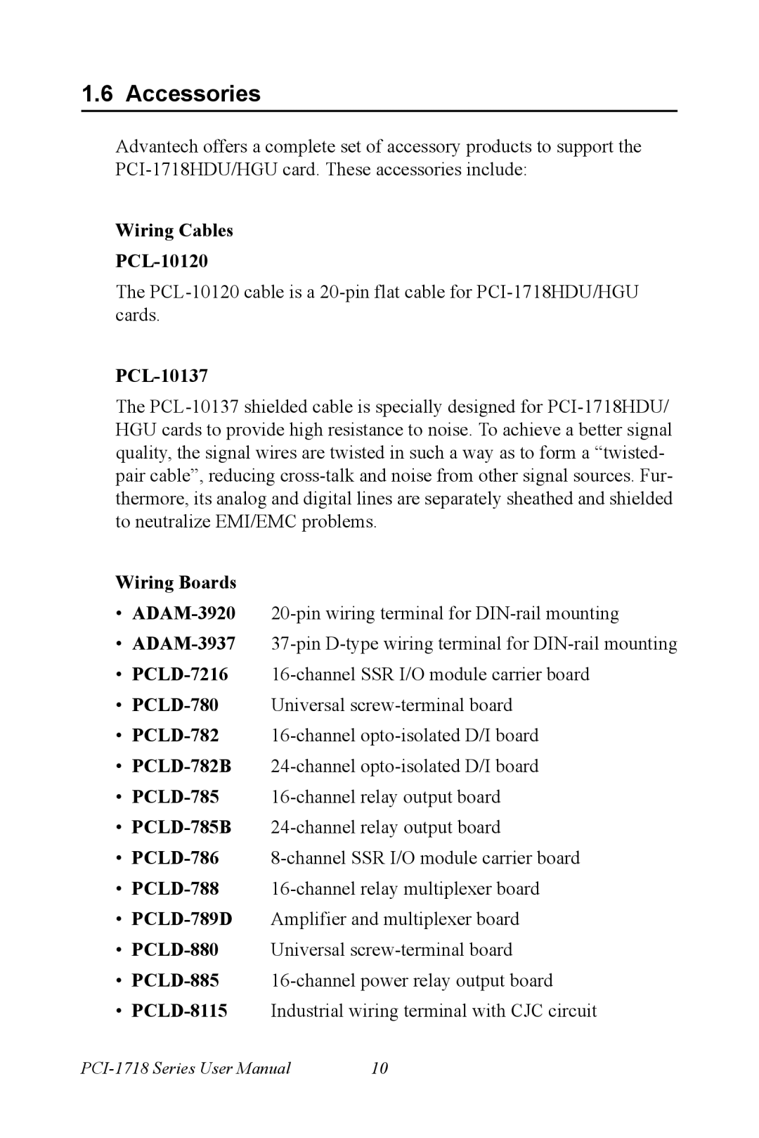 Advantech PCI-1718 Series user manual Accessories, Wiring Cables PCL-10120, PCL-10137, Wiring Boards 