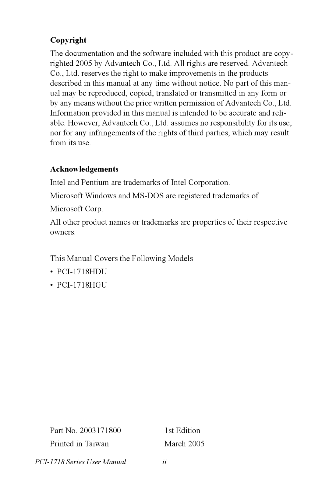 Advantech PCI-1718 Series user manual Copyright Acknowledgements 