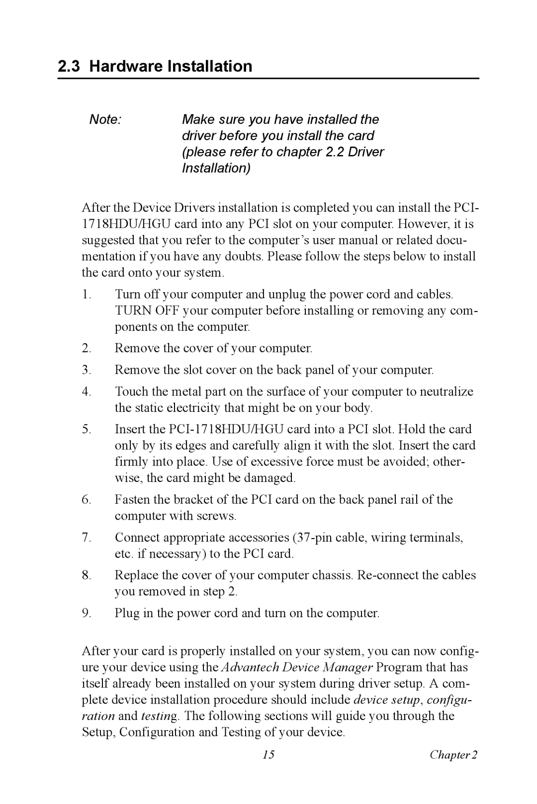 Advantech PCI-1718 Series user manual Hardware Installation 
