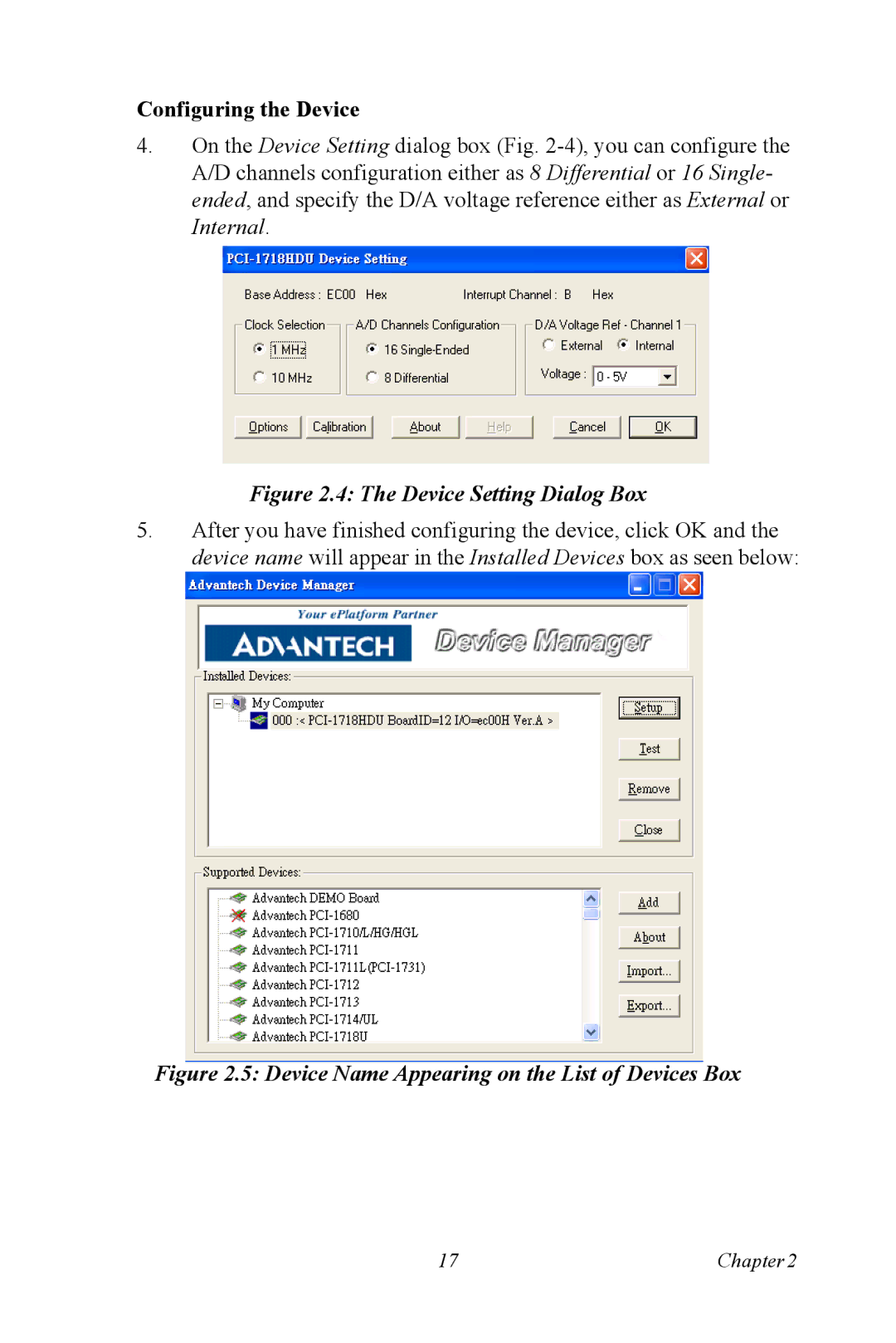 Advantech PCI-1718 Series user manual Configuring the Device, Device Setting Dialog Box 