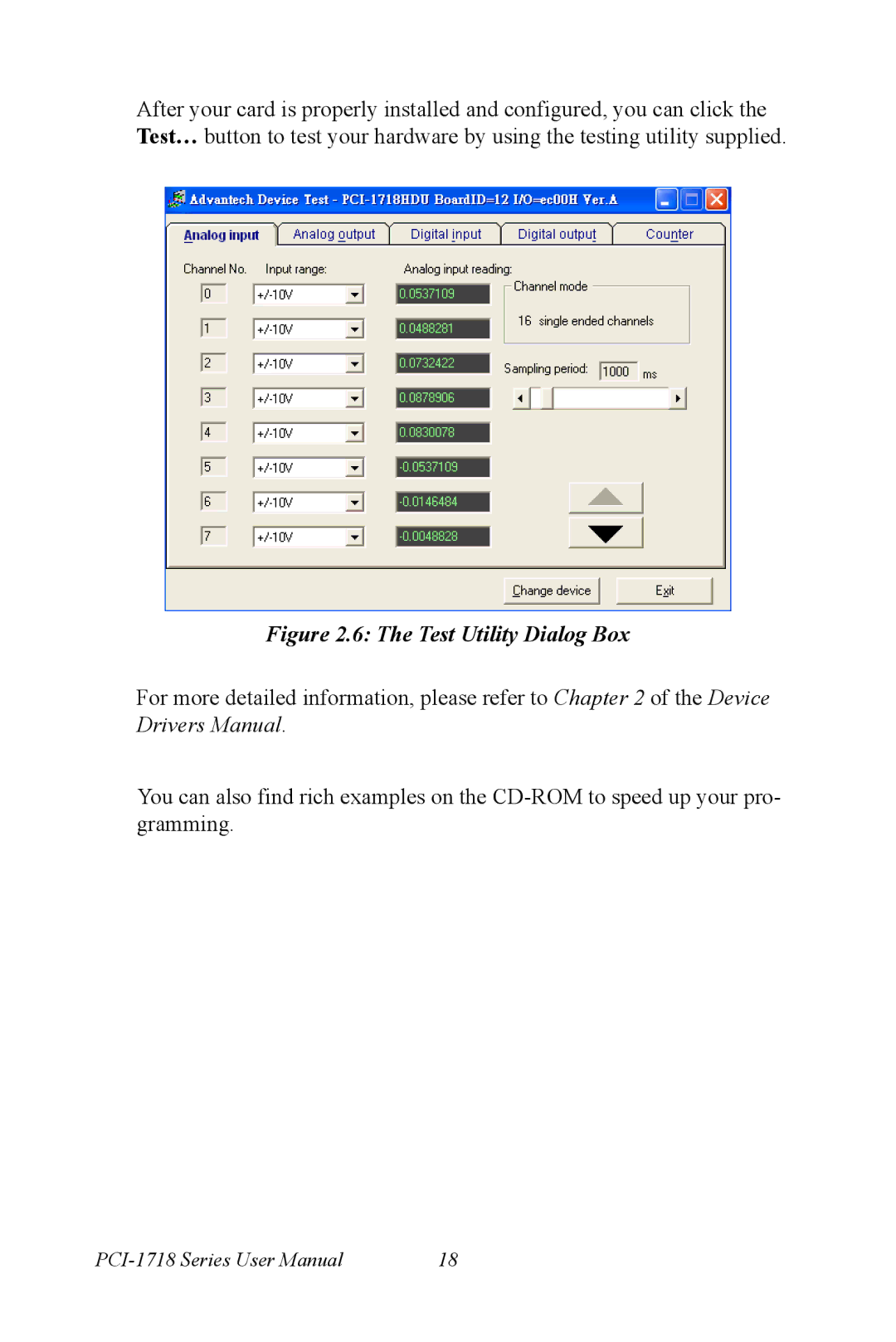 Advantech PCI-1718 Series user manual Test Utility Dialog Box 