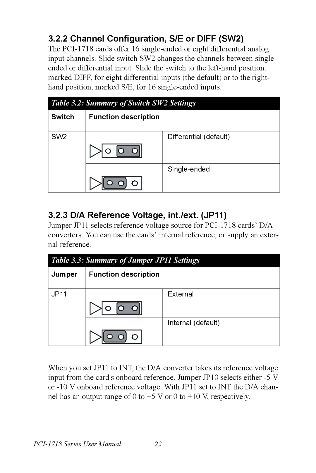 Advantech PCI-1718 Series user manual Channel Configuration, S/E or Diff SW2, 3 D/A Reference Voltage, int./ext. JP11 