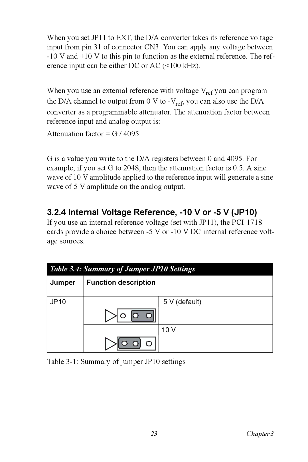 Advantech PCI-1718 Series user manual Internal Voltage Reference, -10 V or -5 V JP10, Summary of Jumper JP10 Settings 