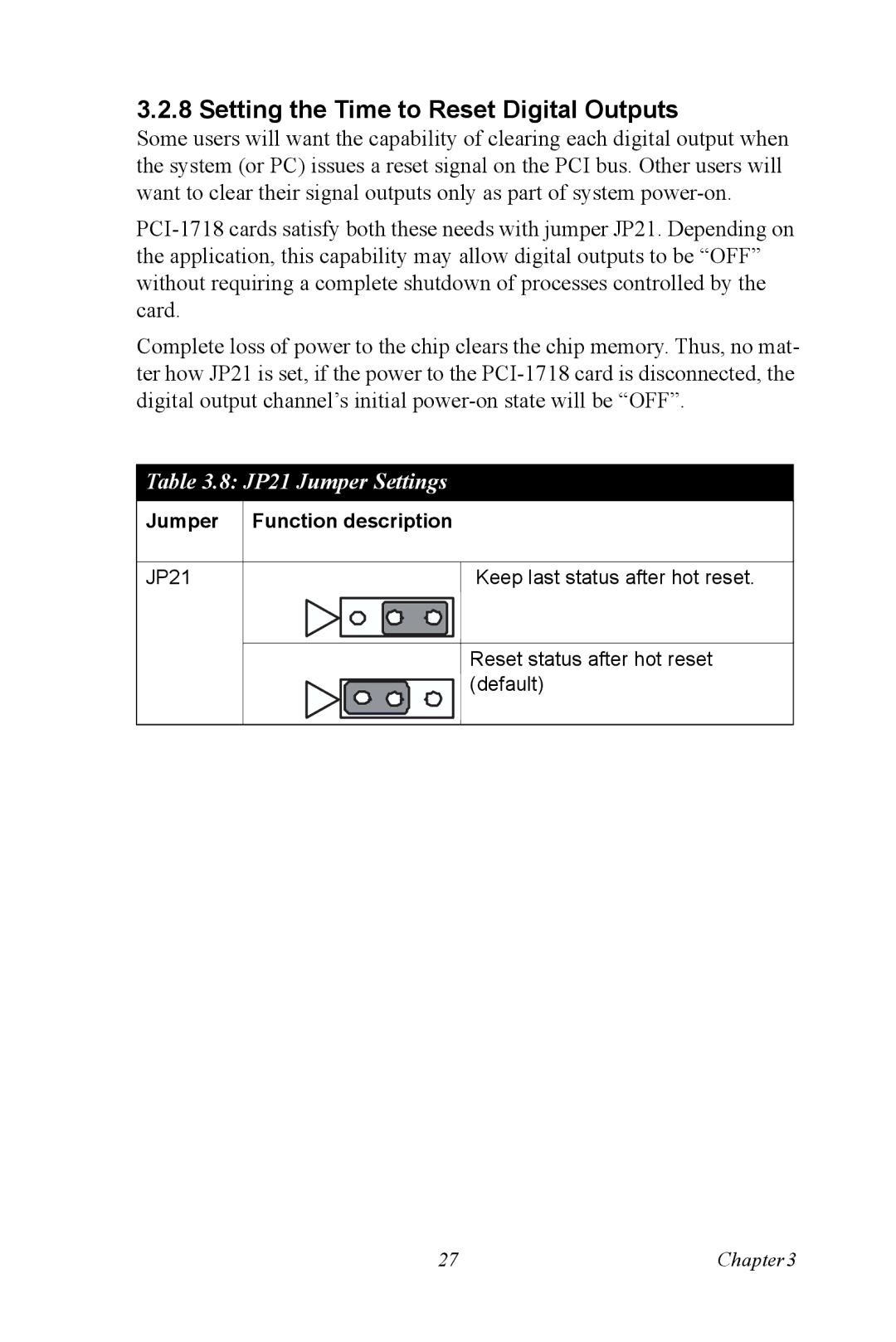 Advantech PCI-1718 Series user manual Setting the Time to Reset Digital Outputs, JP21 Jumper Settings 