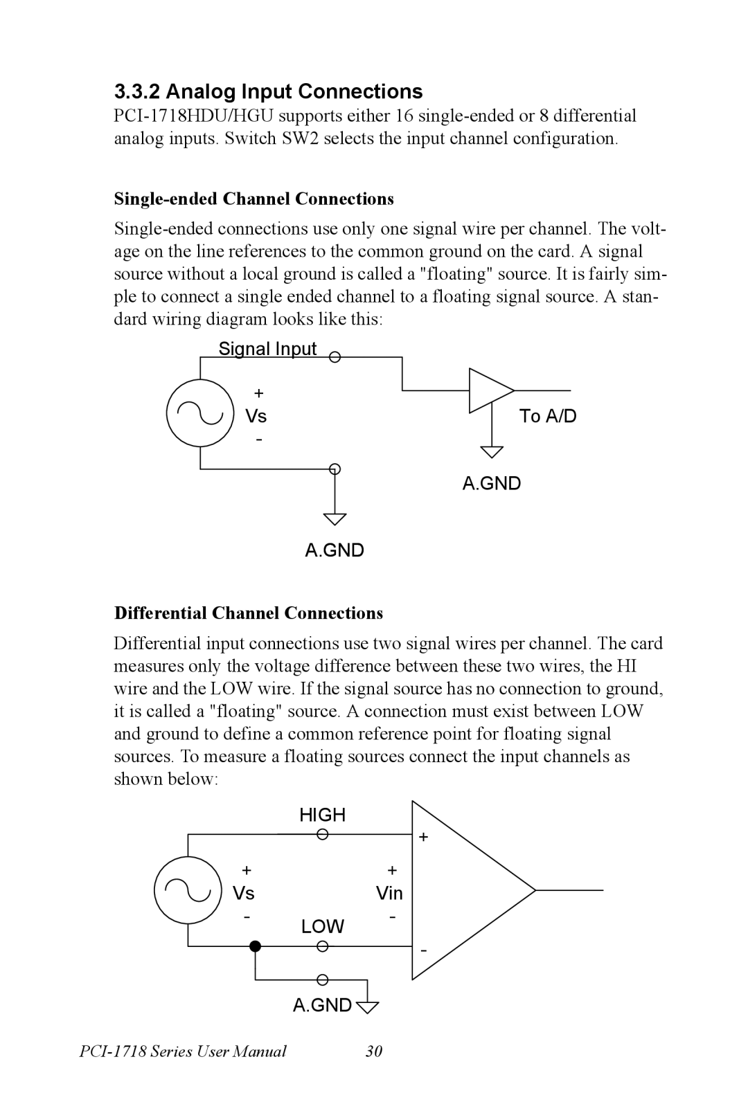 Advantech PCI-1718 Series Analog Input Connections, Single-ended Channel Connections, Differential Channel Connections 
