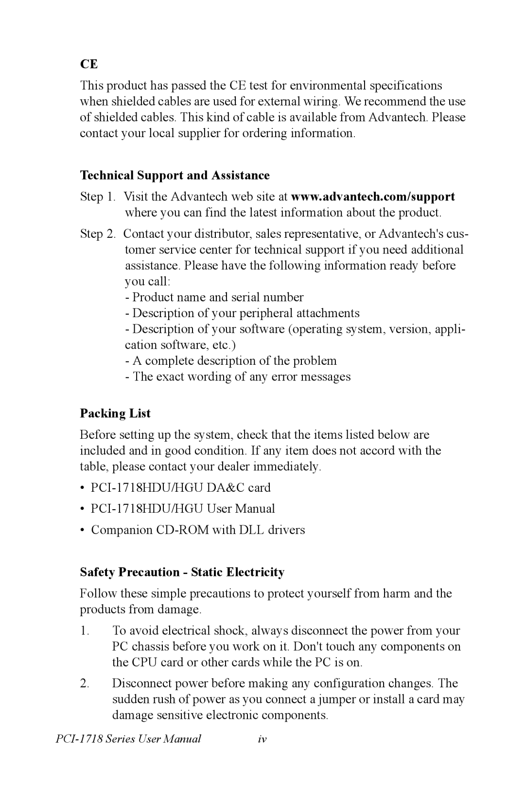 Advantech PCI-1718 Series user manual Technical Support and Assistance, Packing List, Safety Precaution Static Electricity 