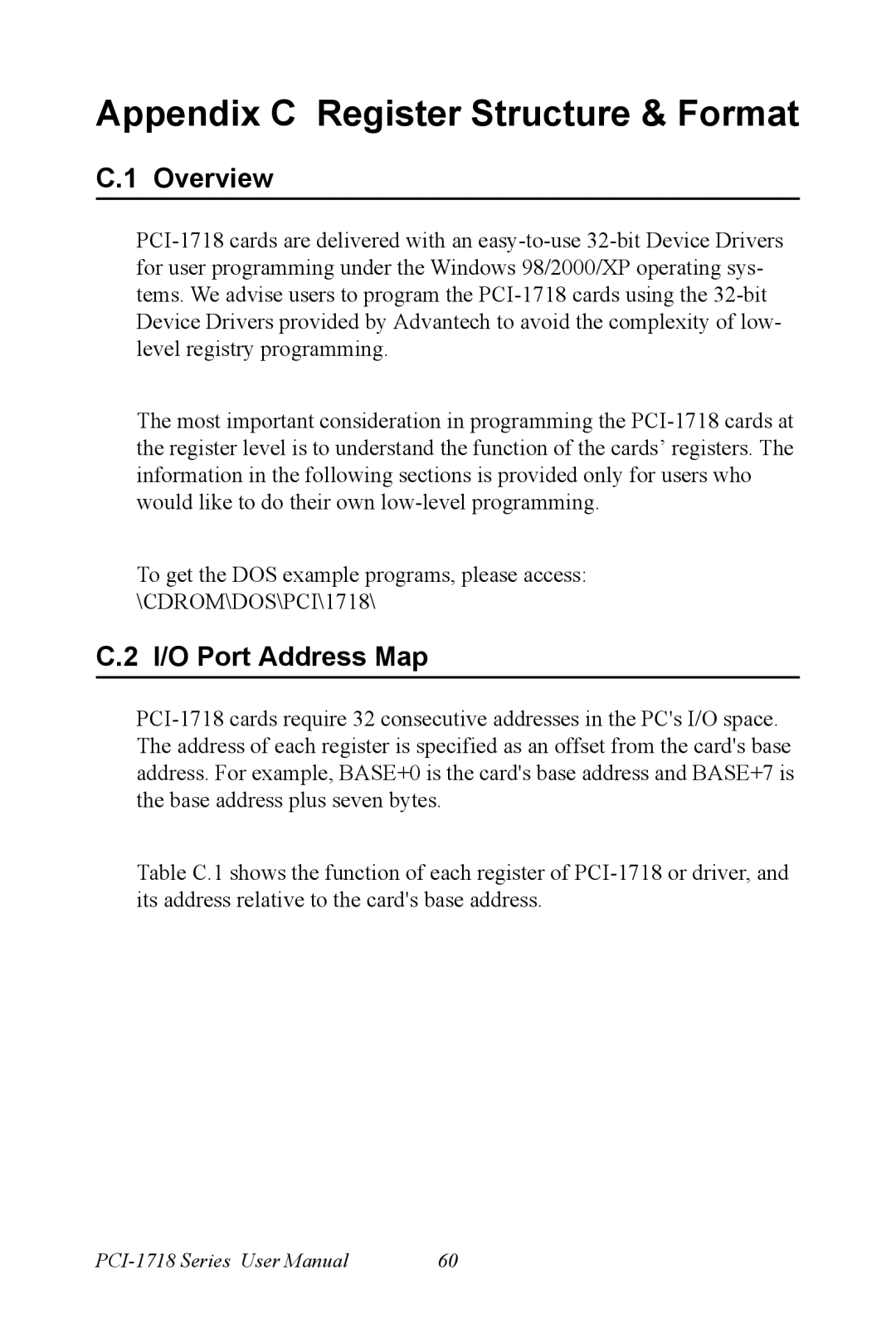 Advantech PCI-1718 Series user manual Appendix C Register Structure & Format, I/O Port Address Map 