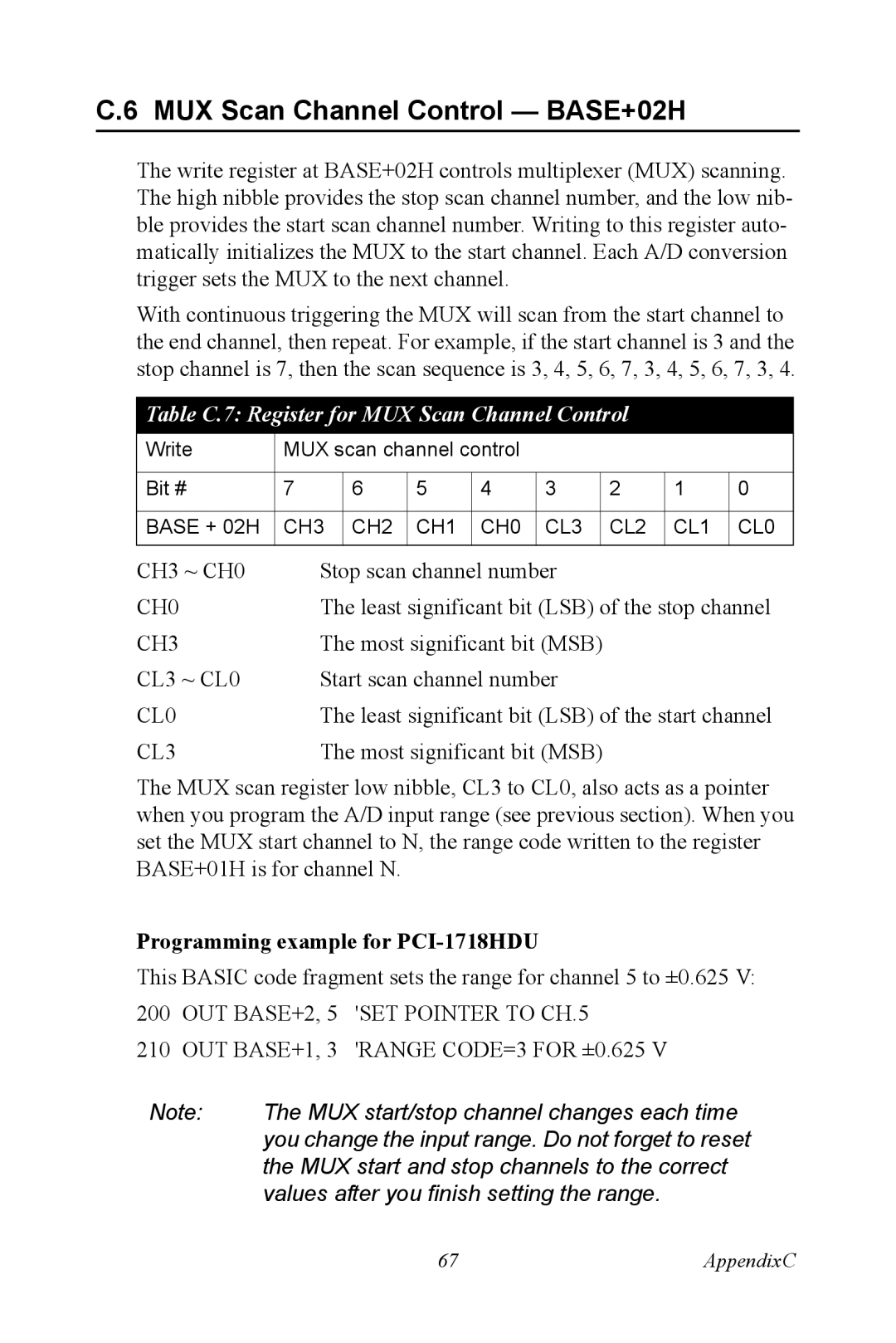 Advantech PCI-1718 Series user manual MUX Scan Channel Control BASE+02H, Table C.7 Register for MUX Scan Channel Control 