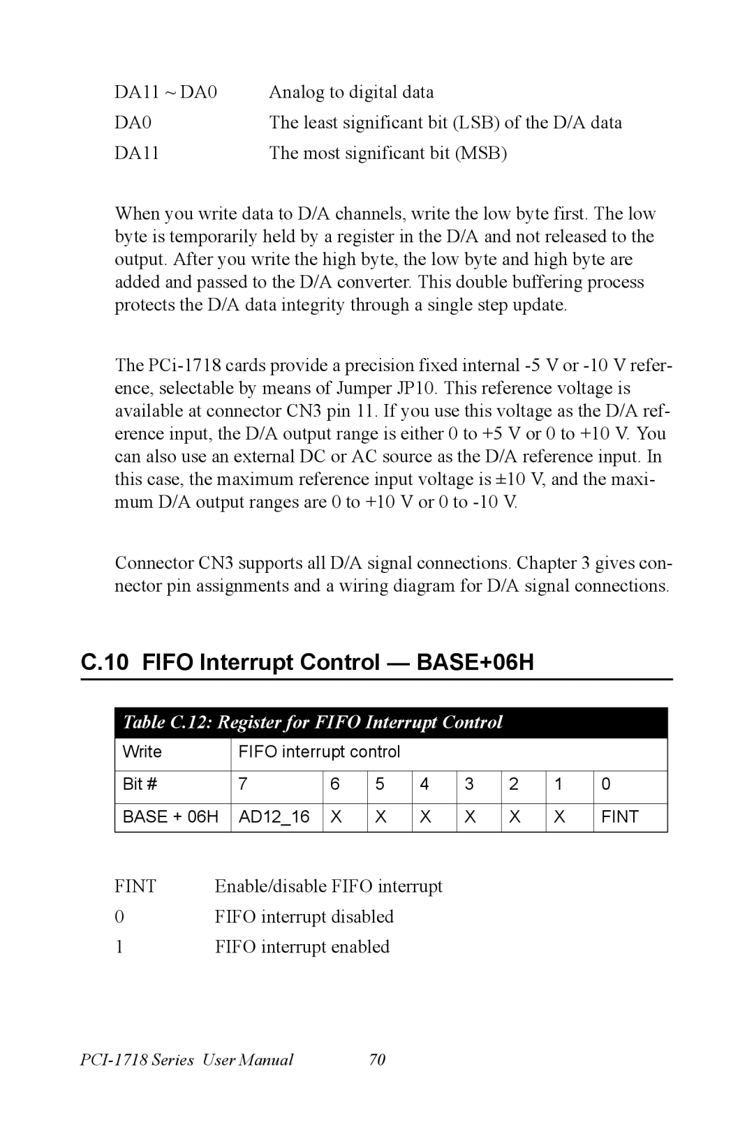 Advantech PCI-1718 Series user manual Fifo Interrupt Control BASE+06H, Table C.12 Register for Fifo Interrupt Control 