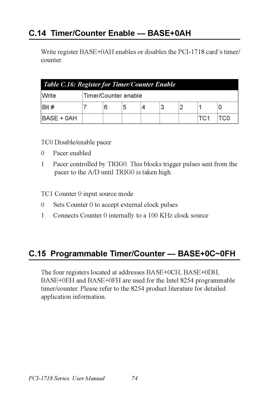 Advantech PCI-1718 Series user manual Timer/Counter Enable BASE+0AH, Programmable Timer/Counter BASE+0C~0FH 