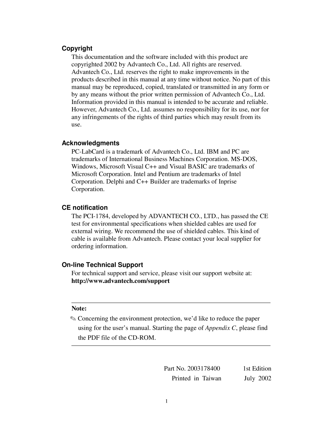 Advantech PCI-1784 specifications 