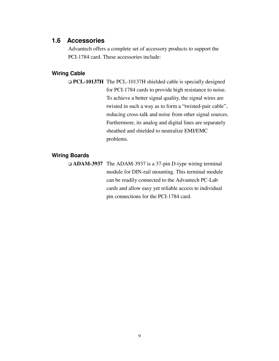Advantech PCI-1784 specifications Accessories, Wiring Cable, Wiring Boards 