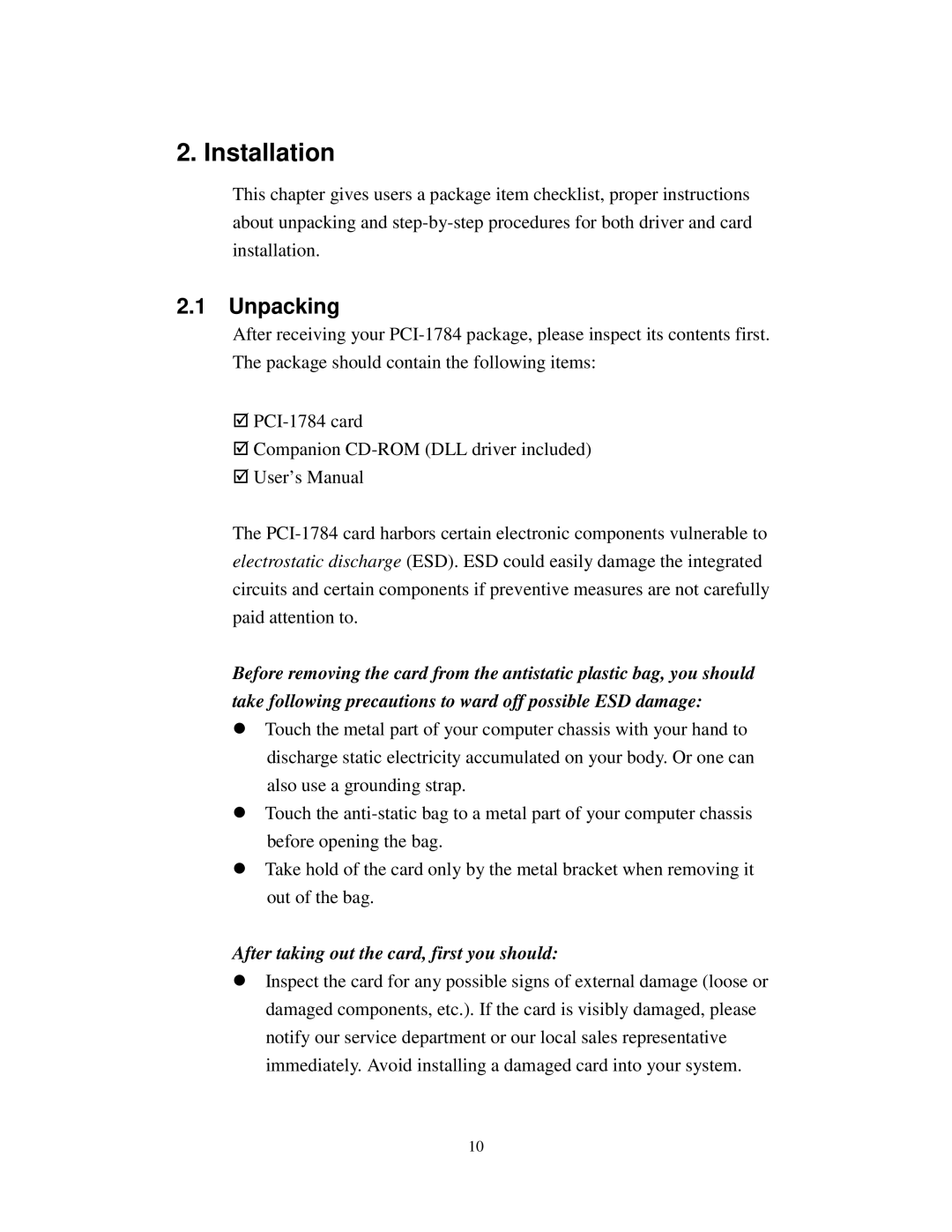 Advantech PCI-1784 specifications Installation, Unpacking 