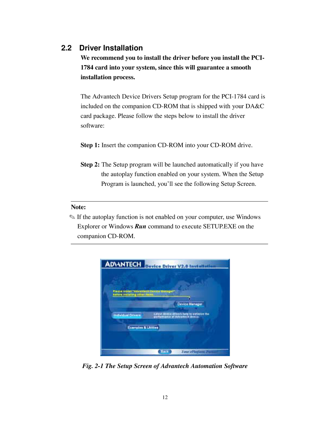 Advantech PCI-1784 specifications Driver Installation, Setup Screen of Advantech Automation Software 