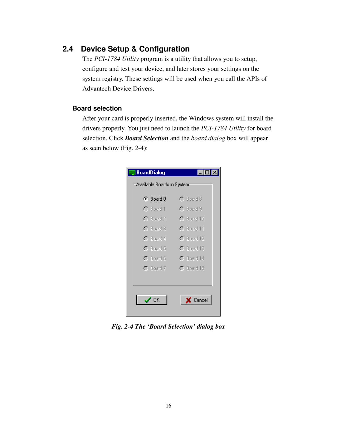 Advantech PCI-1784 specifications Device Setup & Configuration, Board selection 