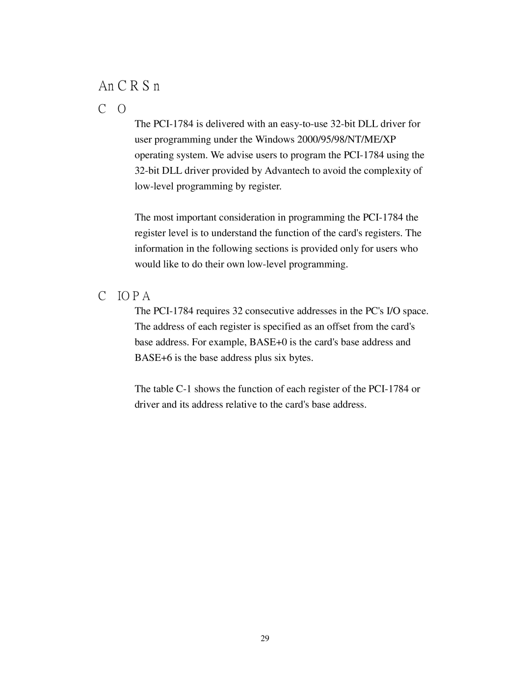 Advantech PCI-1784 specifications Appendix C. Register Structure and Format, I/O Port Address Map 