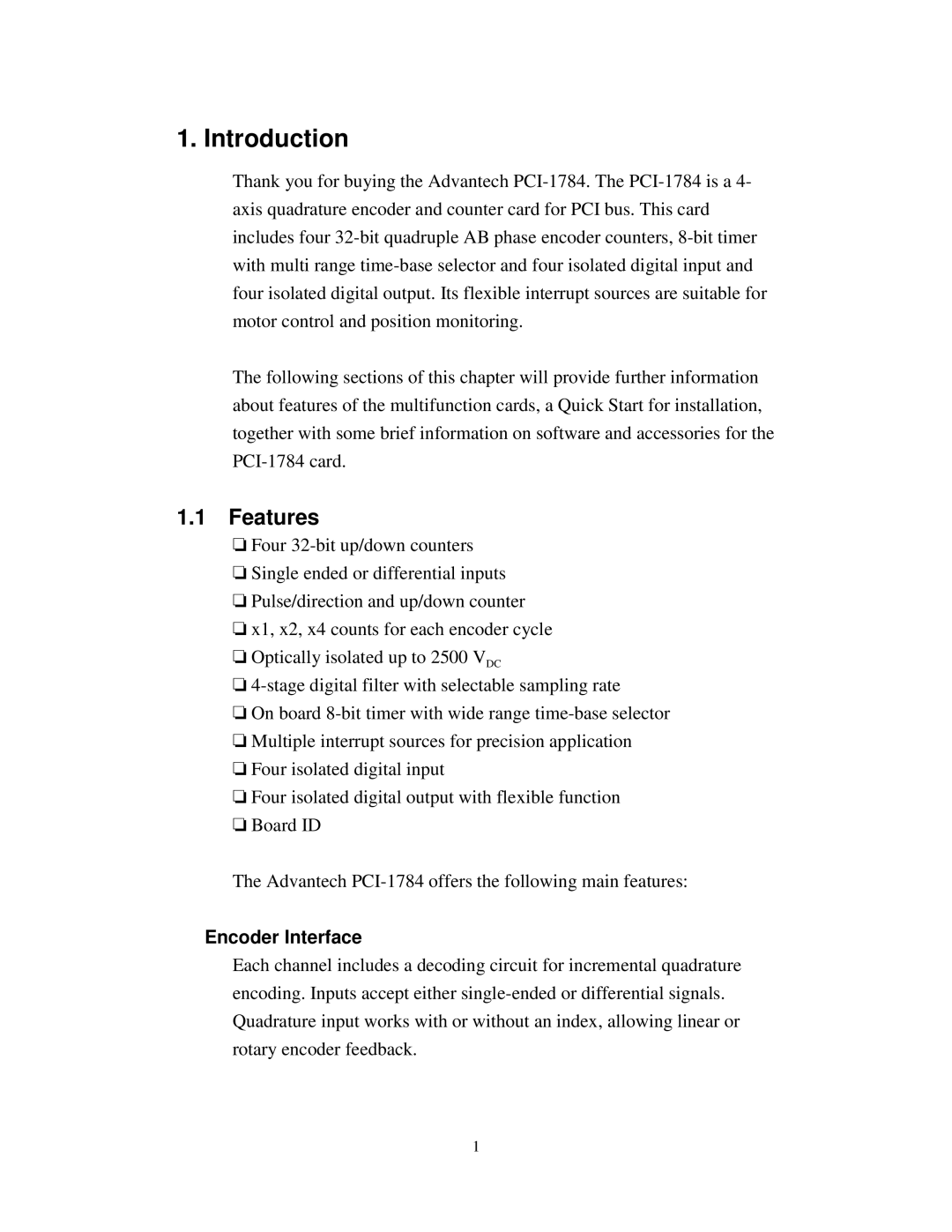 Advantech PCI-1784 specifications Introduction, Features, Encoder Interface 