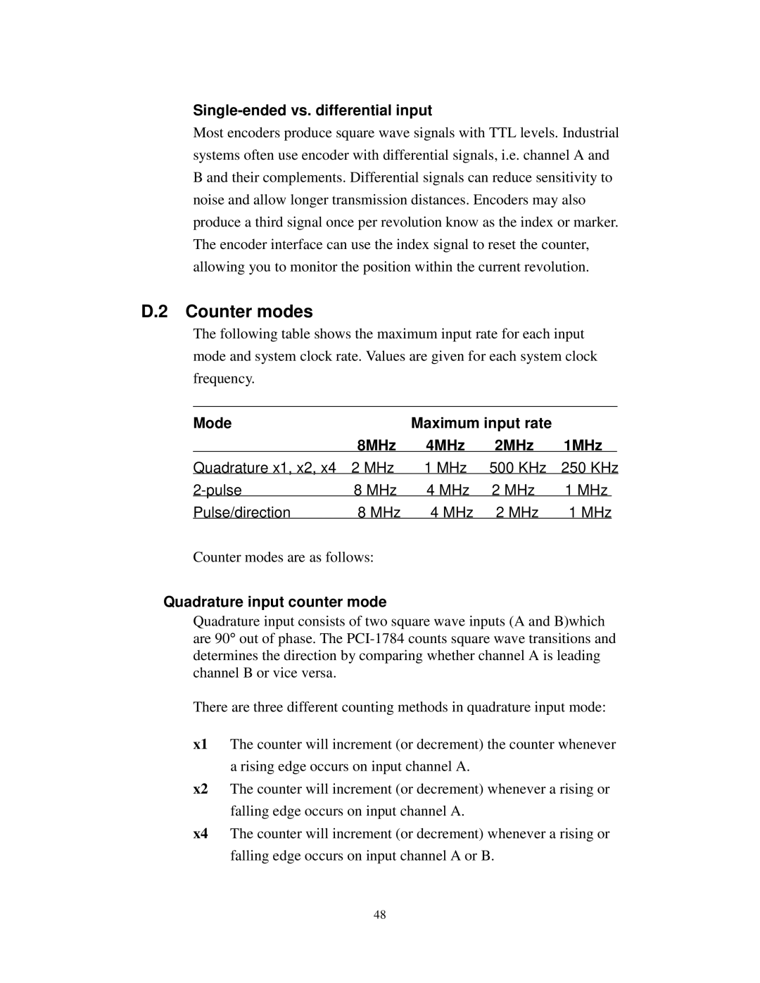 Advantech PCI-1784 Counter modes, Single-ended vs. differential input, Mode Maximum input rate 8MHz 4MHz 2MHz 1MHz 