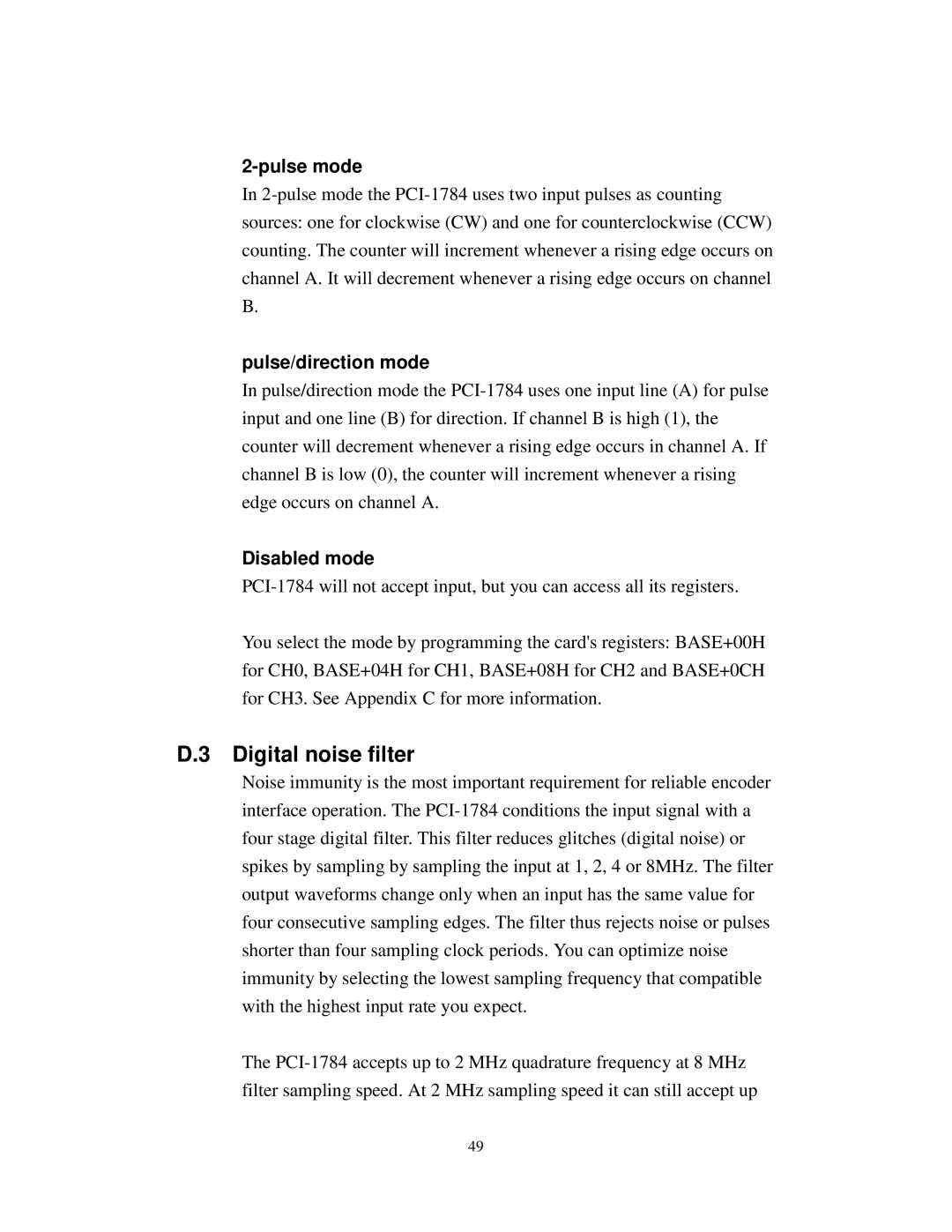 Advantech PCI-1784 specifications Digital noise filter, Pulse mode, Pulse/direction mode, Disabled mode 