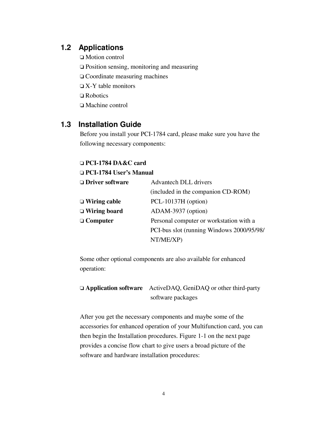 Advantech PCI-1784 specifications Applications, Installation Guide 