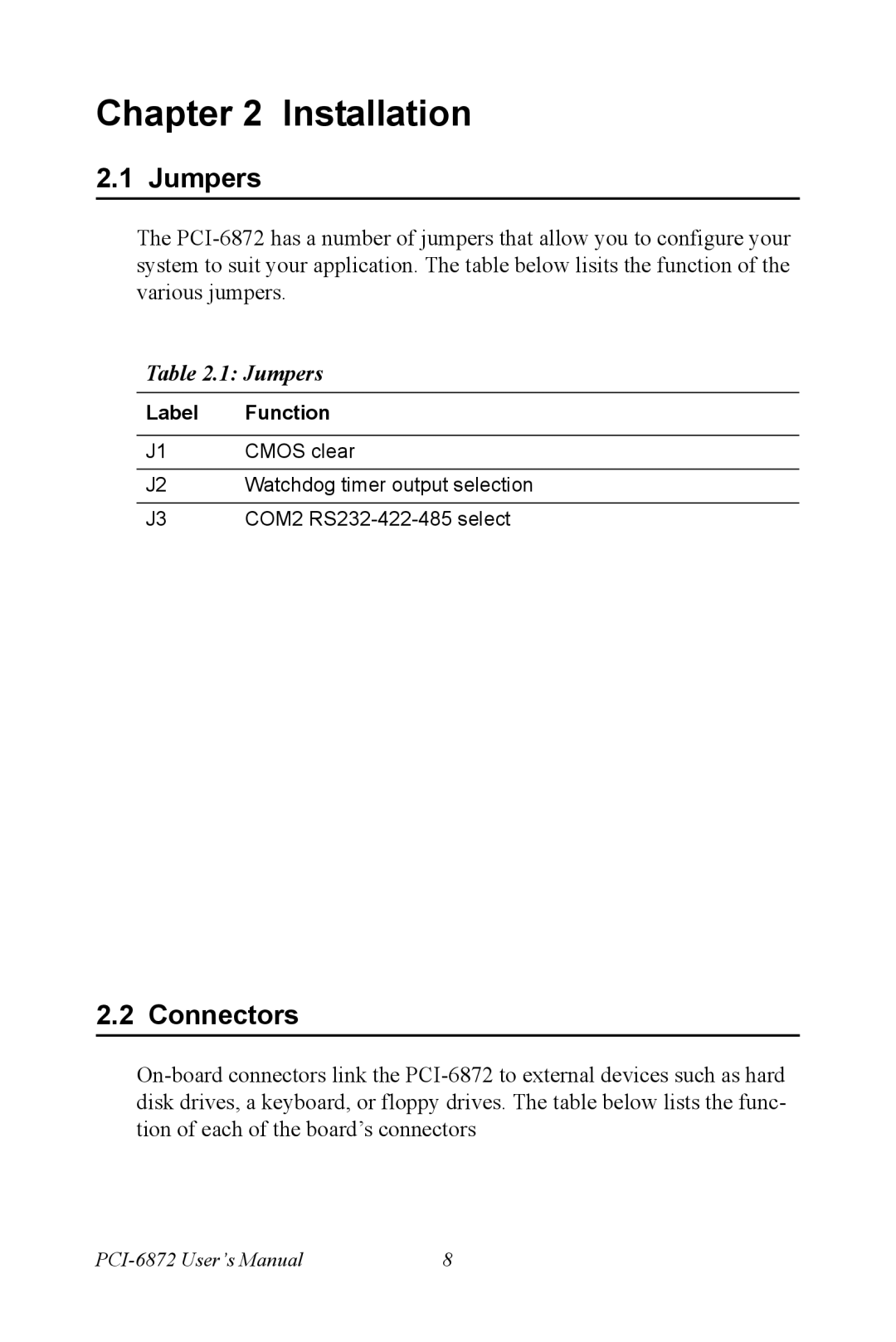 Advantech PCI-6872 user manual Jumpers, Connectors 